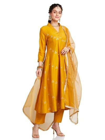 Amazon Brand - Myx Women's Embroidered Anarkali Kurta Set with Organza Dupatta | Latest Design | Available in Plus Sizes