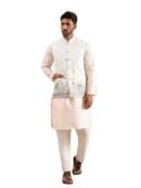 SOJANYA Men's Silk Blend Pink Kurta & White Pyjama With Daman Embroidered Nehru Jacket