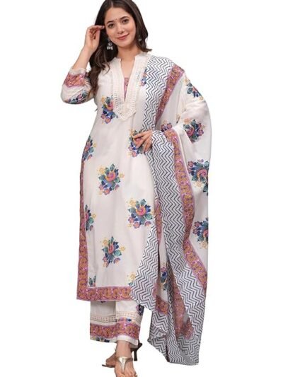 Amayra Women's Pure Cotton Printed Straight Kurta Set with Palazzo Pants & Dupatta- Ethnic Wear, White