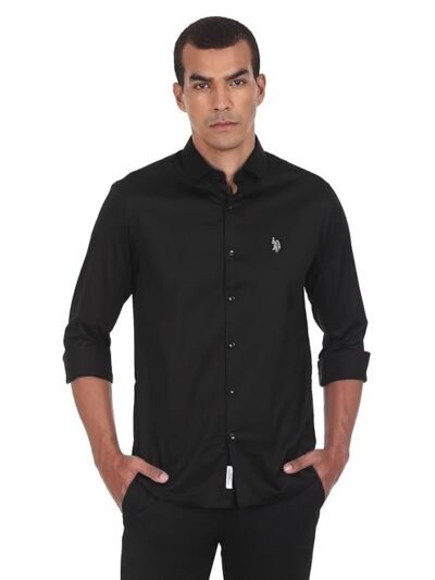 U.S. POLO ASSN. Men's Cotton Stretch Fit Solid Satin Stretch Spread Collar Barrel Cuff Casual Shirt