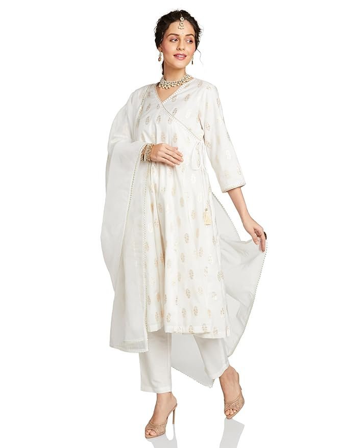 Amazon Brand - Myx Women's Embroidered Anarkali Kurta Set with Organza Dupatta in Chanderi Blend | Latest Design | Available in Plus Sizes