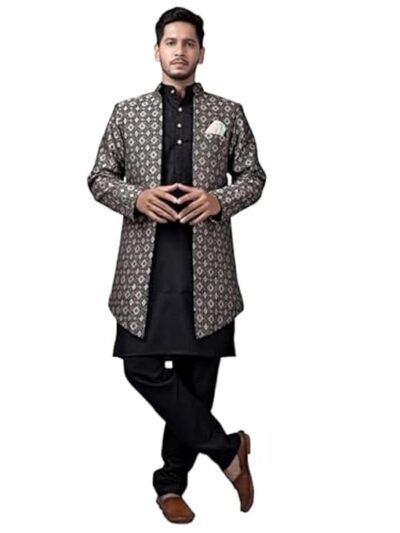 Amzira Men's Stylish Ethnic Wear Black Kurta Pajama Set with Long Jacket,