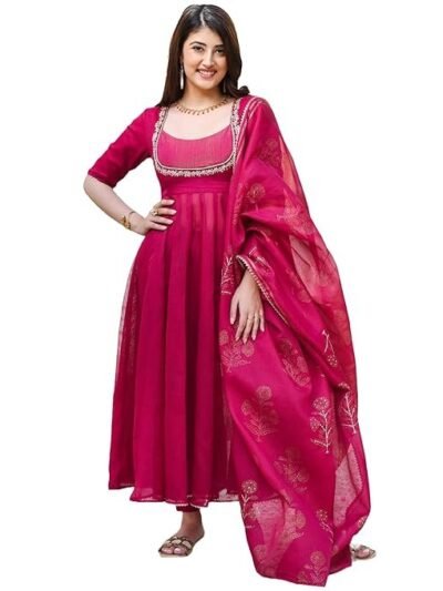 GoSriKi Women's Rayon Viscose Embroidered Anarkali Kurta with Pant & Dupatta