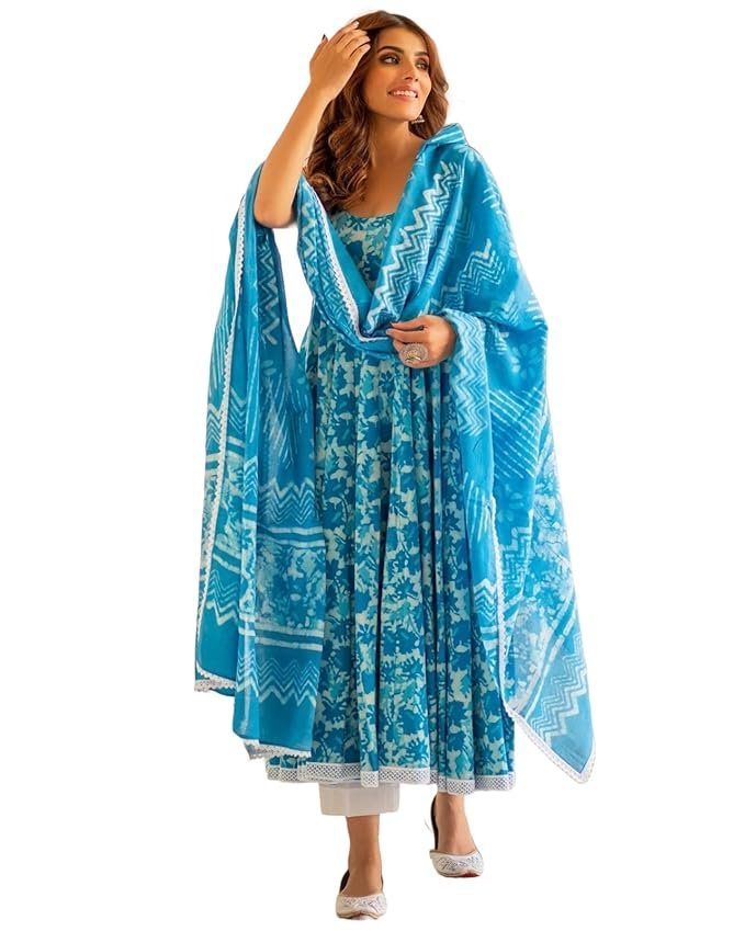 GoSriKi Women's Rayon Blend Printed Anarkali Kurta with Pant & Dupatta