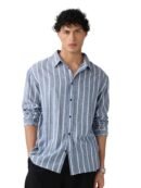 The Souled Store Cotton Linen Stripes: Nautical Men and Boys Long Sleeves Collared Neck Button Front Grey Striped Regular Fit Lightweight Summer Cotton Linen Shirts