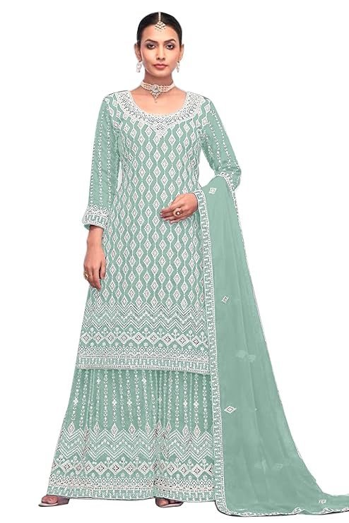 SHAZIYA Designer Embroidered Georgette Sharara Suit for Women Ethnic Indian Dress with Dupatta Elegant Traditional Salwar Suit Set for Weddings
