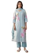 INDO ERA Women's Straight Linen Floral Print with Beads Work Kurta Pant with Dupatta Set
