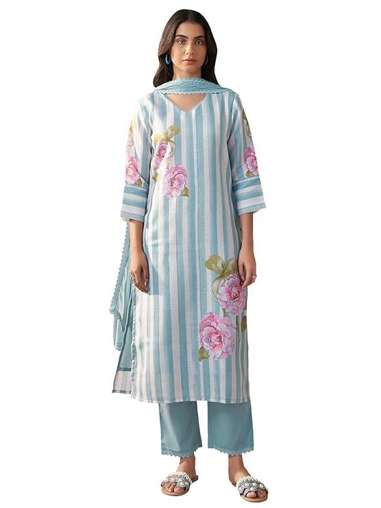 INDO ERA Women's Straight Linen Floral Print with Beads Work Kurta Pant with Dupatta Set