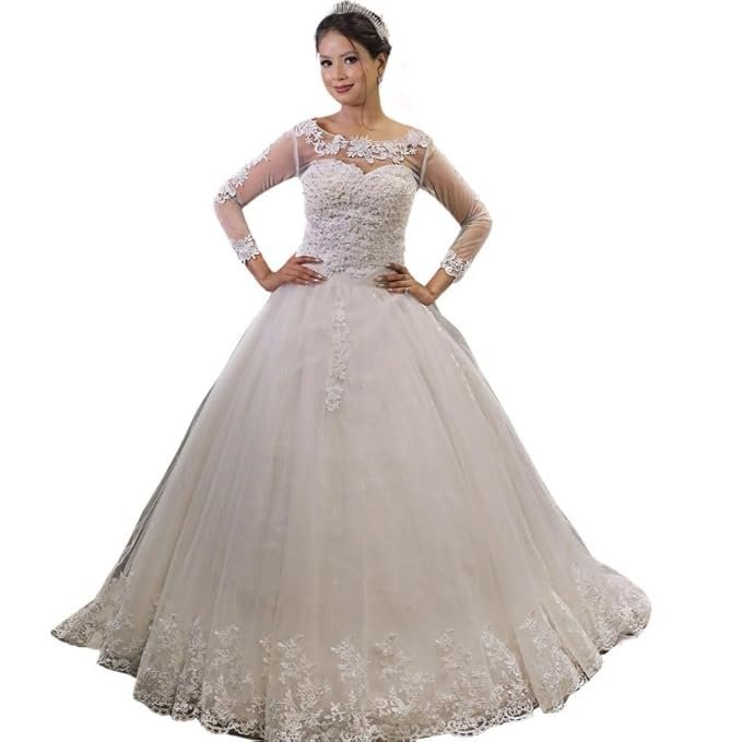 GOWNLINK White Full Stitched with Layers Christian Wedding Catholic Wedding White Train Gown Wedding Dress in White Frock Women with Sleeves GL8020T