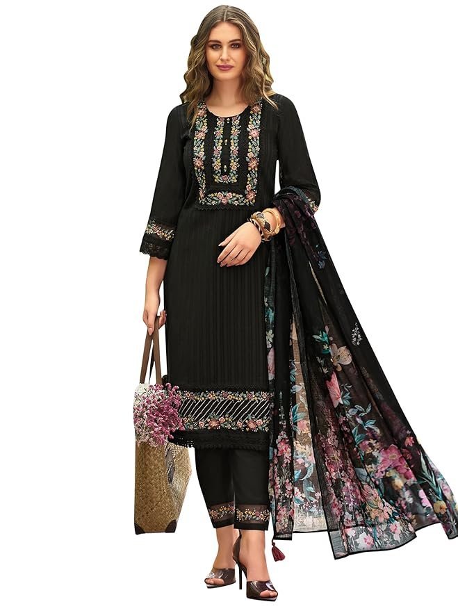 INDO ERA Women's Straight Linen Floral Embroidered Kurta Pant with Dupatta Set