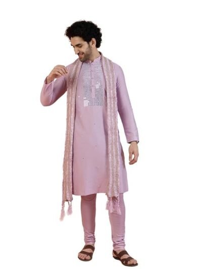 KISAH Men Onion Pink Embellished Kurta Churidar Dupatta Set with Mirror work