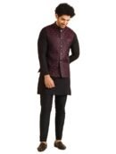 KISAH Men's Kurta Jacket Trouser Set, Burgundy Jacquard, Woven Design Regular Fit Mandarin Collar Long Sleeves