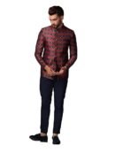 KISAH Mens Jodhpuri Bandhgala Trouser Set Silk Blend Jacquard, Ethnic Wear for Men, Maroon