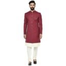 KISAH Men Maroon Solid Kurta Indo-Western Sherwani Set Indo-Western, Full Sleaves, Knee Length, Straight, Regular Fit, Mandarin Collar Ethnic wear