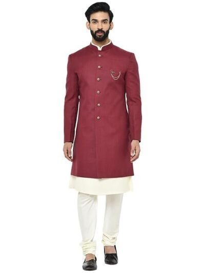 KISAH Men Maroon Solid Kurta Indo-Western Sherwani Set Indo-Western, Full Sleaves, Knee Length, Straight, Regular Fit, Mandarin Collar Ethnic wear