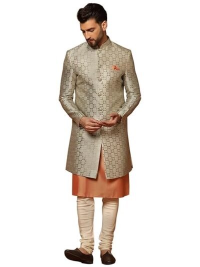 KISAH Men's Grey and Orange Indo-Western Kurta Sherwani Churidar Set Cotton Full Sleaves, Knee Length, Straight, Regular Fit, Mandarin Collar Ethnic Wear