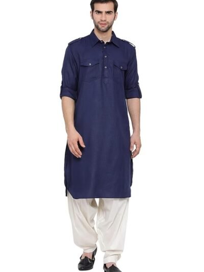VASTRAMAY Men's Cotton Blend Pathani Kurta Set || Stylish Pathani Style Kurta with Roll Up Sleeves and Relaxed Fit Patiala Salwar
