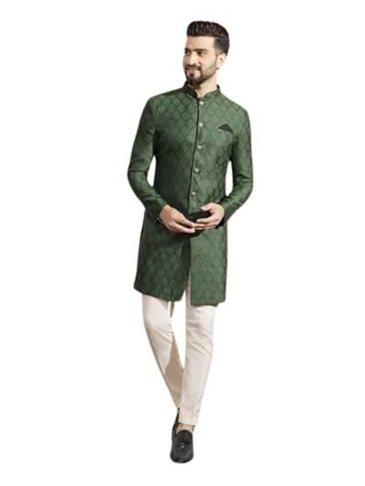 KISAH Men's Indo-Western Sherwani Trouser Set, Olive Silk Blend, Woven Design Regular Fit Mandarin Collar Long Sleeves