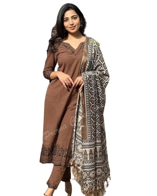 ADINATH-TRADERS Women Pure Cotton Brown Kurti Pant Dupatta Set